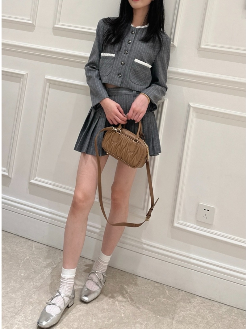 Miu Miu Striped Wool Suit Set Cropped Jacket with Pleated Skirt Grey