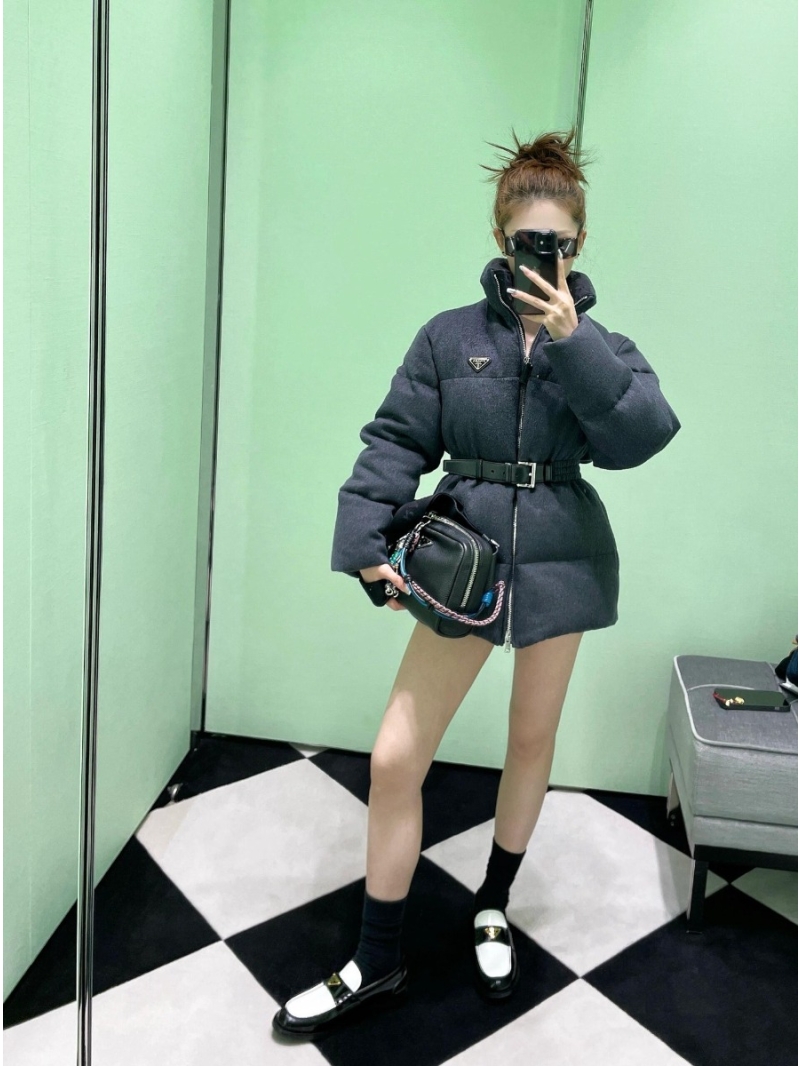 Prada Charcoal Gray Belted Quilted Puffer Jacket | Stand-Up Collar | Signature Logo Plaque