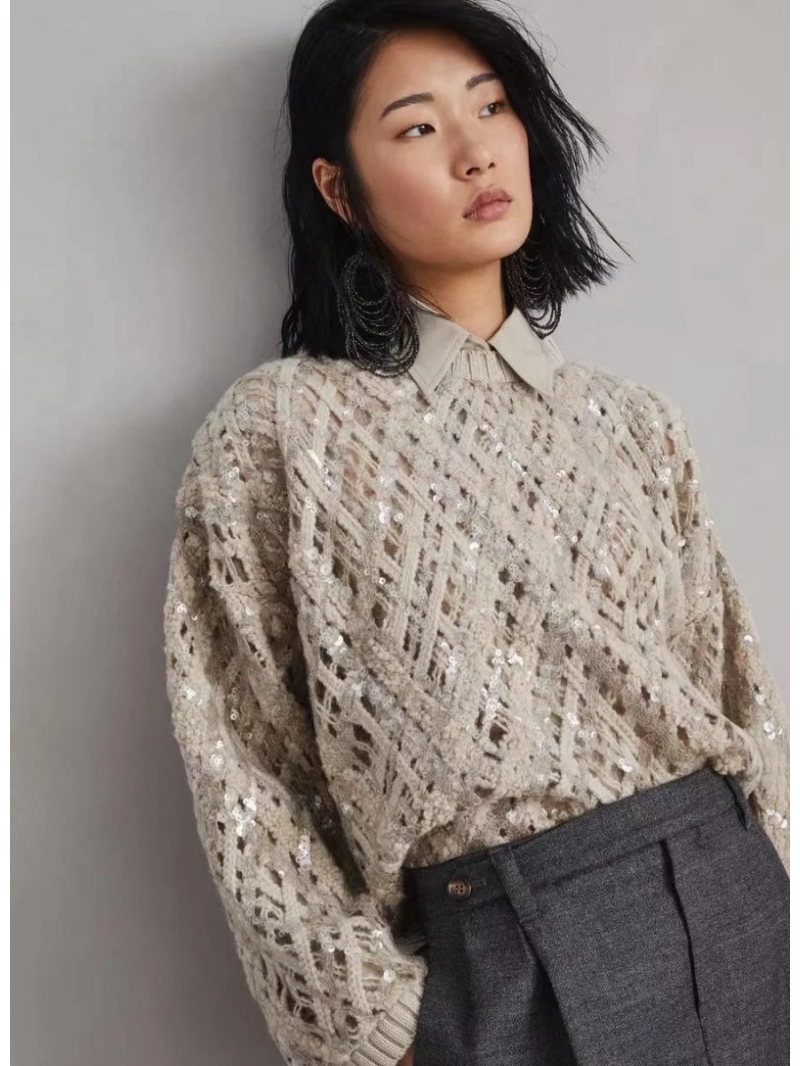 Brunello Cucinelli Sumptuous Cashmere Alpaca Blend Openwork Sequin Knit Sweater in Oatmeal Beige