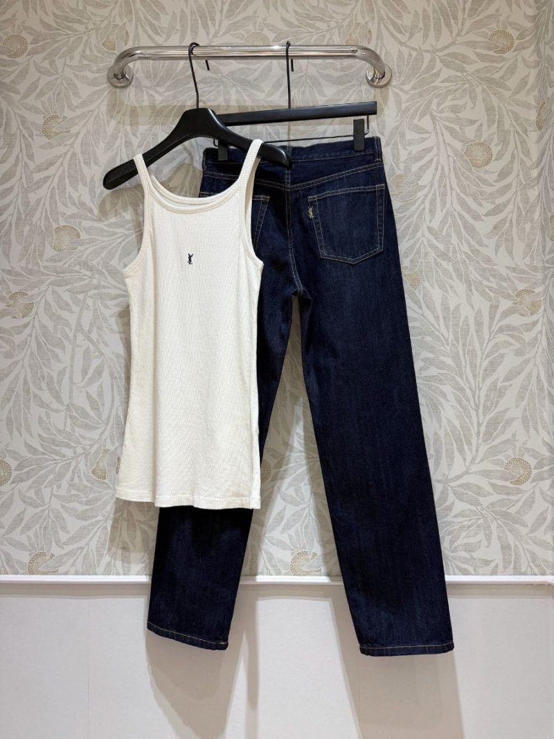 Saint Laurent YSL Ribbed Cotton Tank Top - Off-White