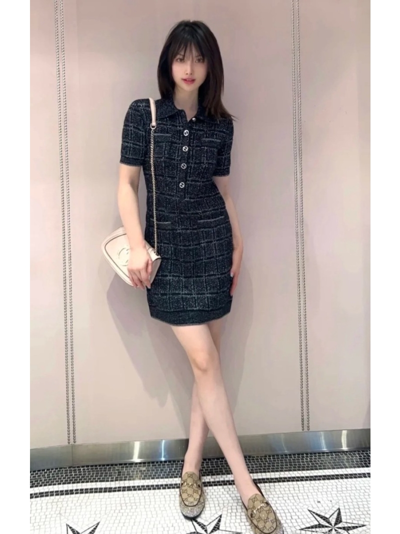 Gucci 25SS Early Spring Collection Gold Thread Plaid Collared Dress Black