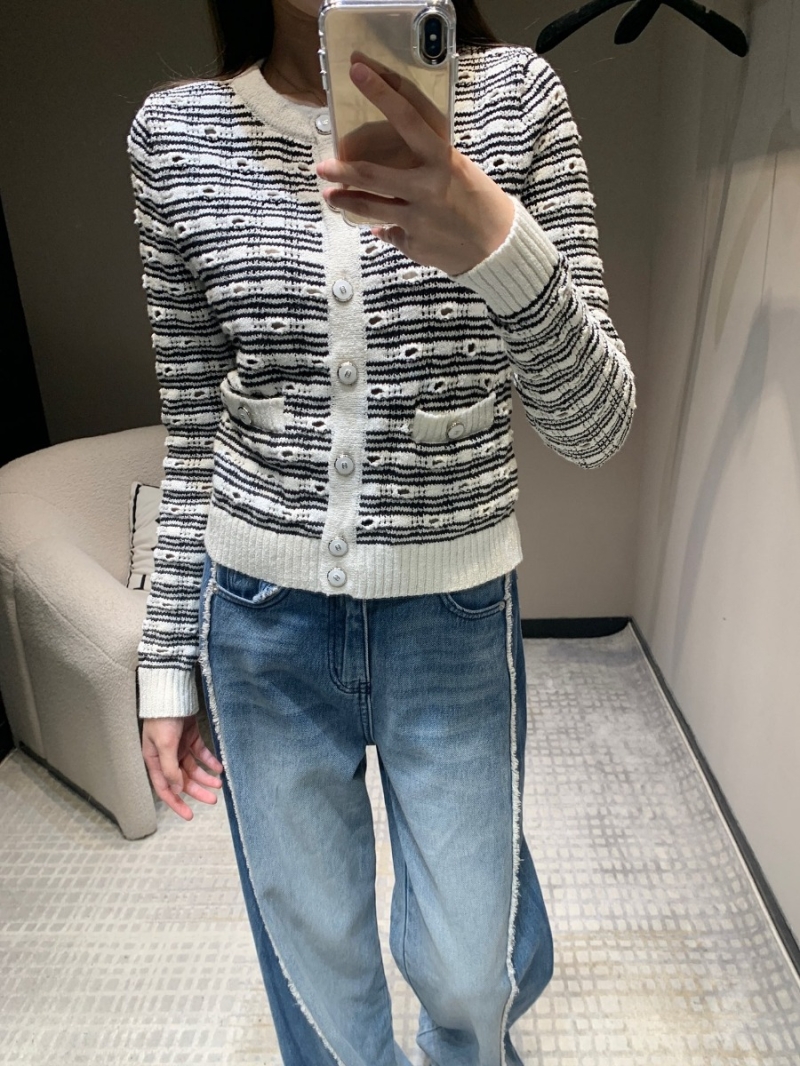 Chanel 25P Resort Exclusive Hollow Knit Striped Cardigan White