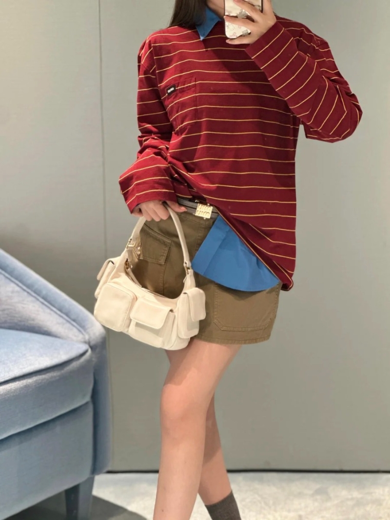 Miu Miu Unisex 25SS Early Spring Collection Striped Long-Sleeve Crewneck T-Shirt