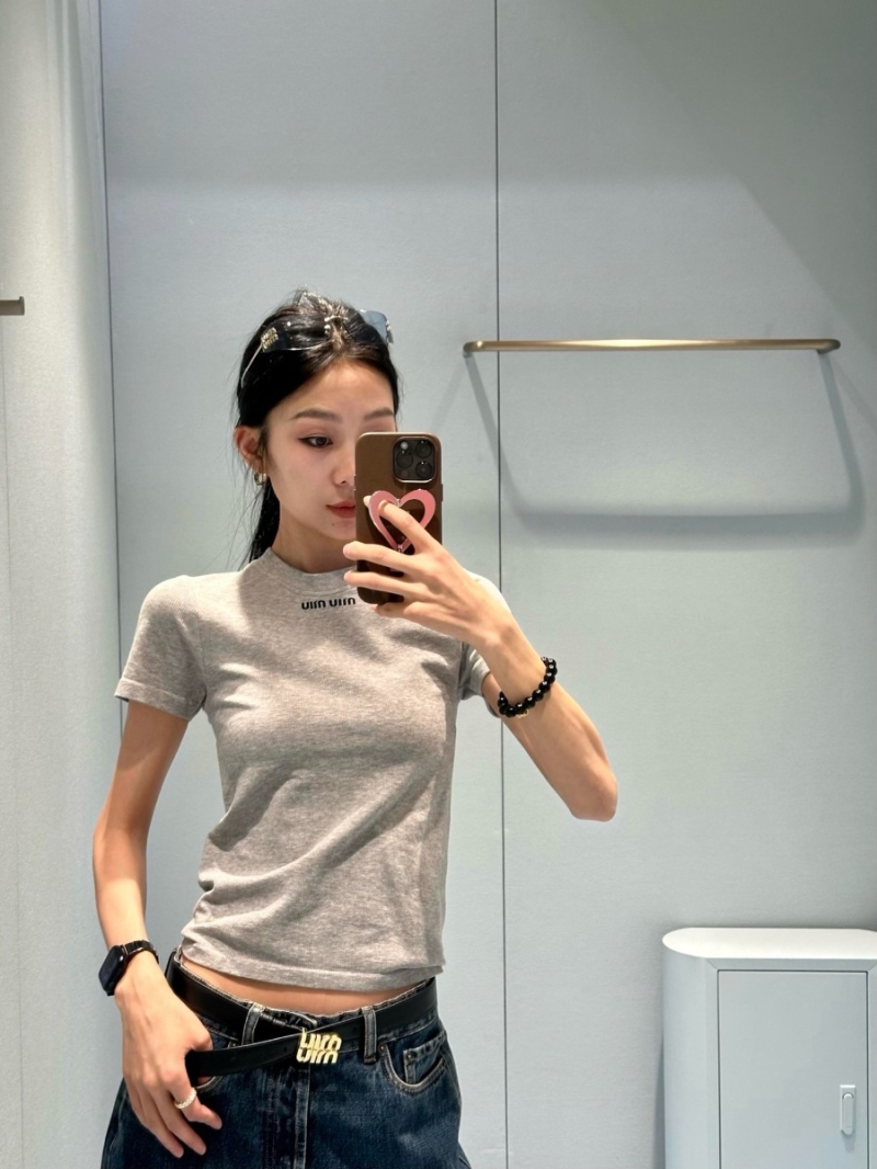 Miu Miu 25SS Spring/Summer Collection Grey Embroidered Crewneck Short-Sleeve T-Shirt