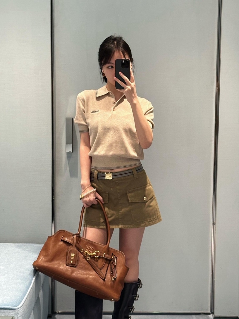 Miu Miu 25SS Spring/Summer Collection Logo Polo Knit Short-Sleeve Top