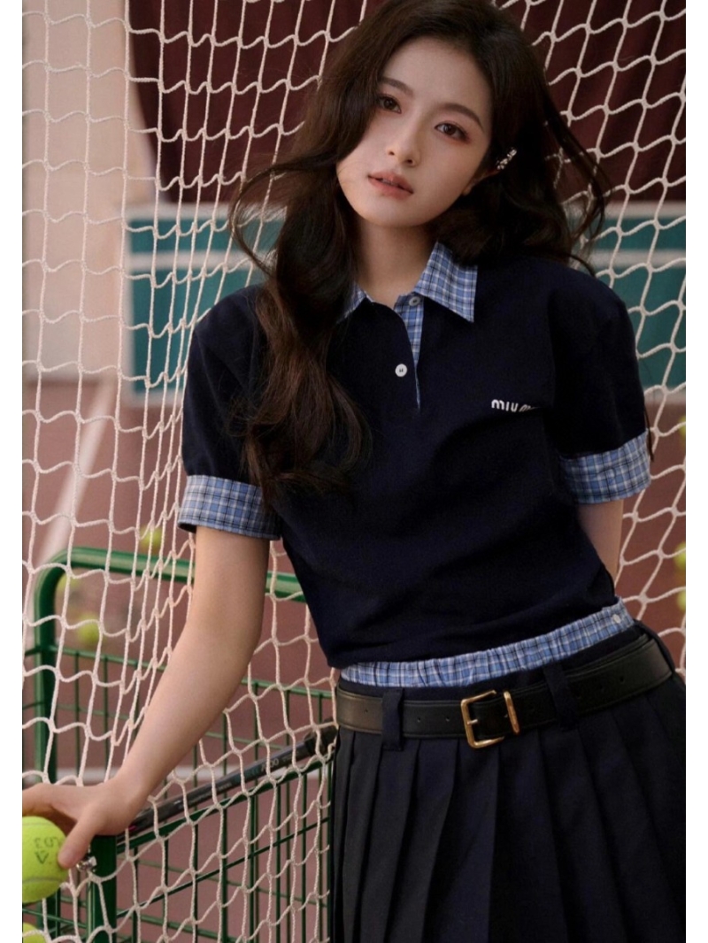 Miu Miu 25SS Collection Blue Plaid Contrast Collar Polo Shirt