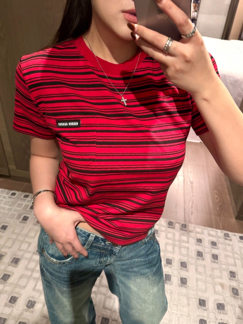 Miu Miu 25SS Early Spring Collection Black and Red Striped Short-Sleeve T-Shirt
