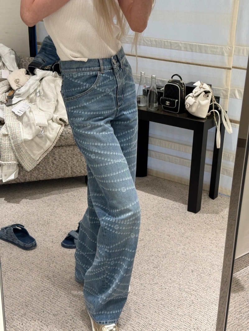  Chanel 25P New Series Imported Washed Denim CC Pearl Logo Wide-Leg Jeans Medium Blue