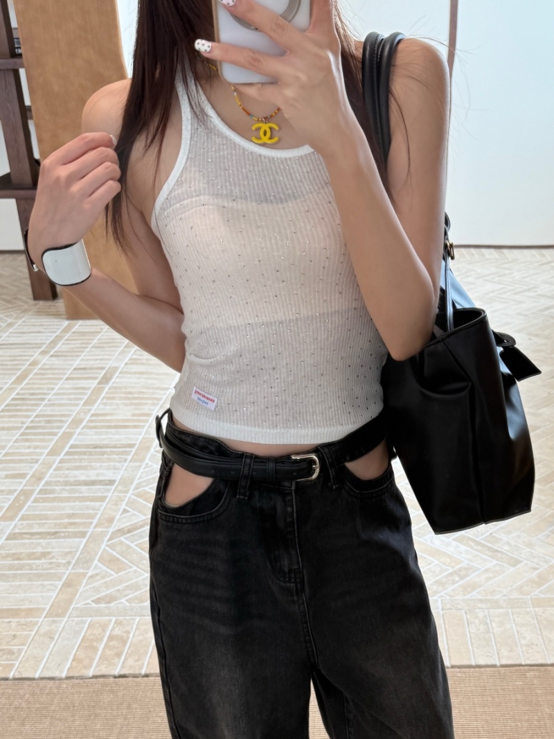 Alexander Wang Crystal-Embellished Ribbed Racerback Tank Top in White