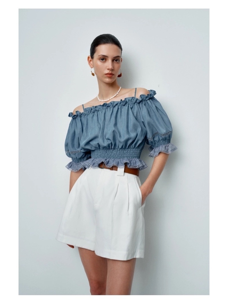 Zimmermann Artisanal Embroidered Washed Denim Three-Way Boho Top