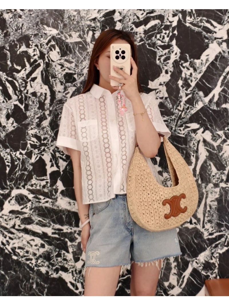 Celine 2025 Spring Summer Exclusive White Embroidered Hollow-Out Short Sleeve Shirt
