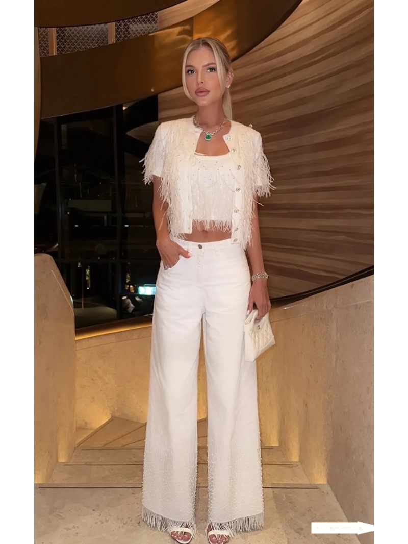 Chanel White Coco Girl Rhinestone Wide-Leg Denim Pants - Exclusive Edition