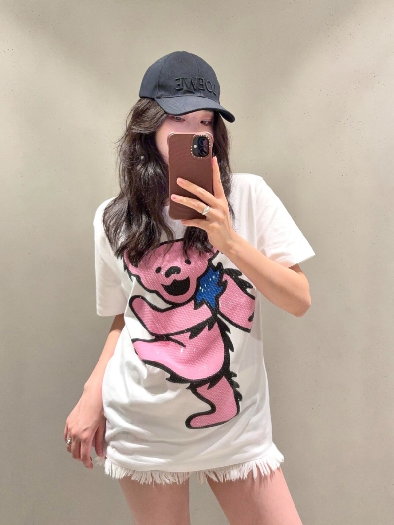 Loewe 25SS Grateful Dead Collab Pink Bear Rhinestone T-Shirt
