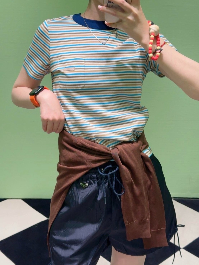 Prada Nautical Stripe Slim Fit Cotton T-Shirt with Metallic Logo