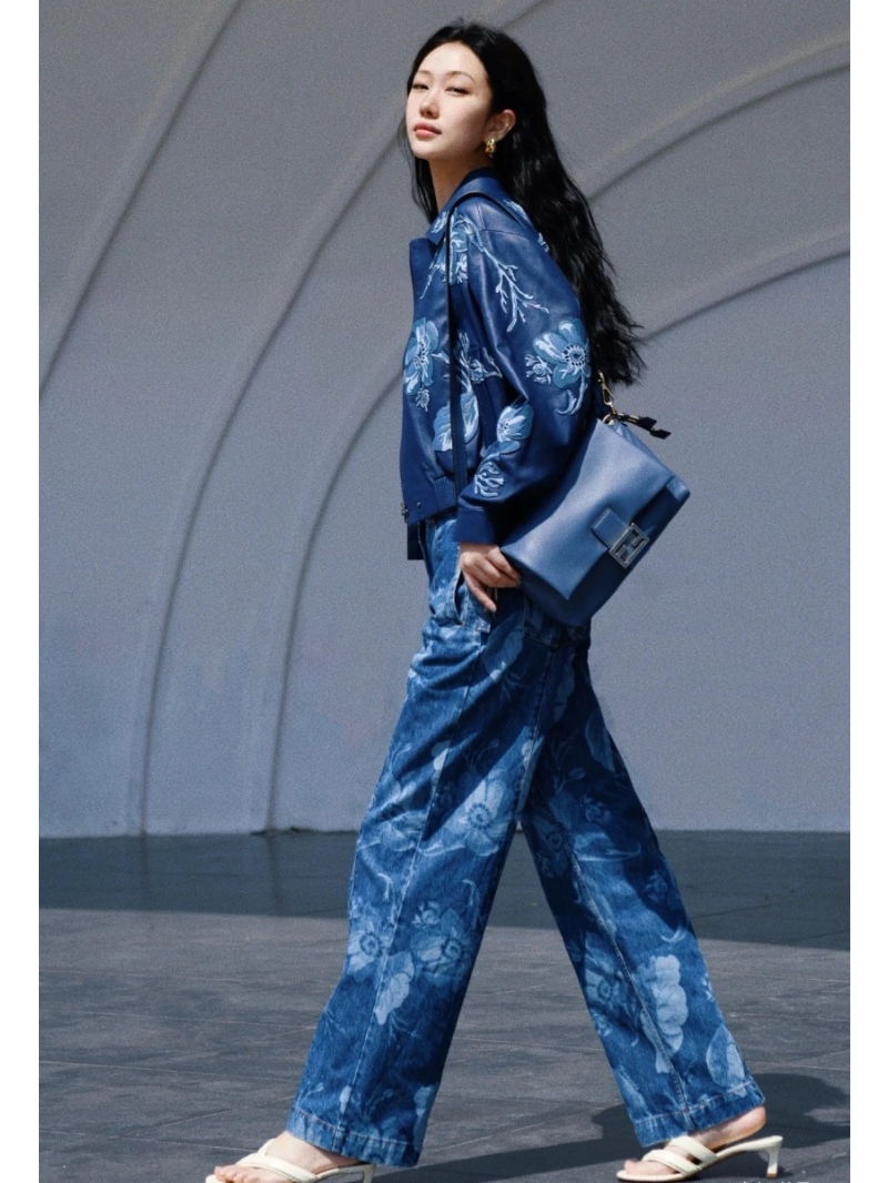 Fendi Luxe Vintage Washed Denim Jacket - Ink Blue Floral