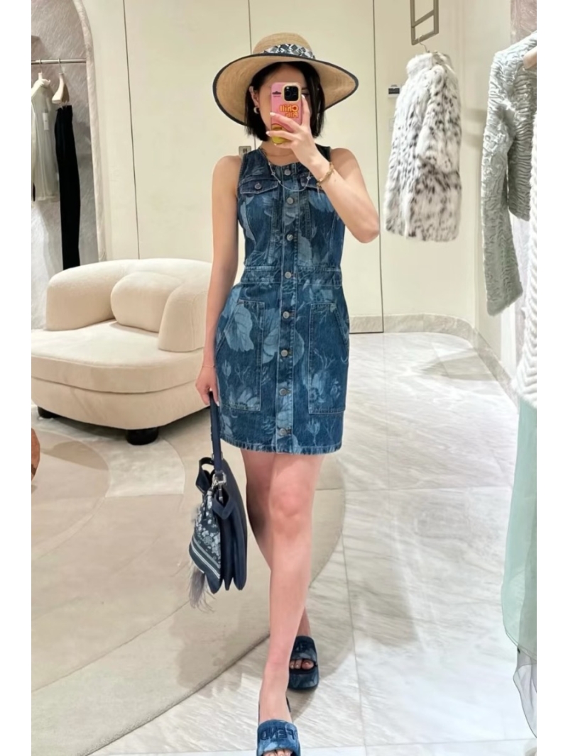 Fendi Luxe Vintage Washed Denim Vest Dress in Ink Blue Floral