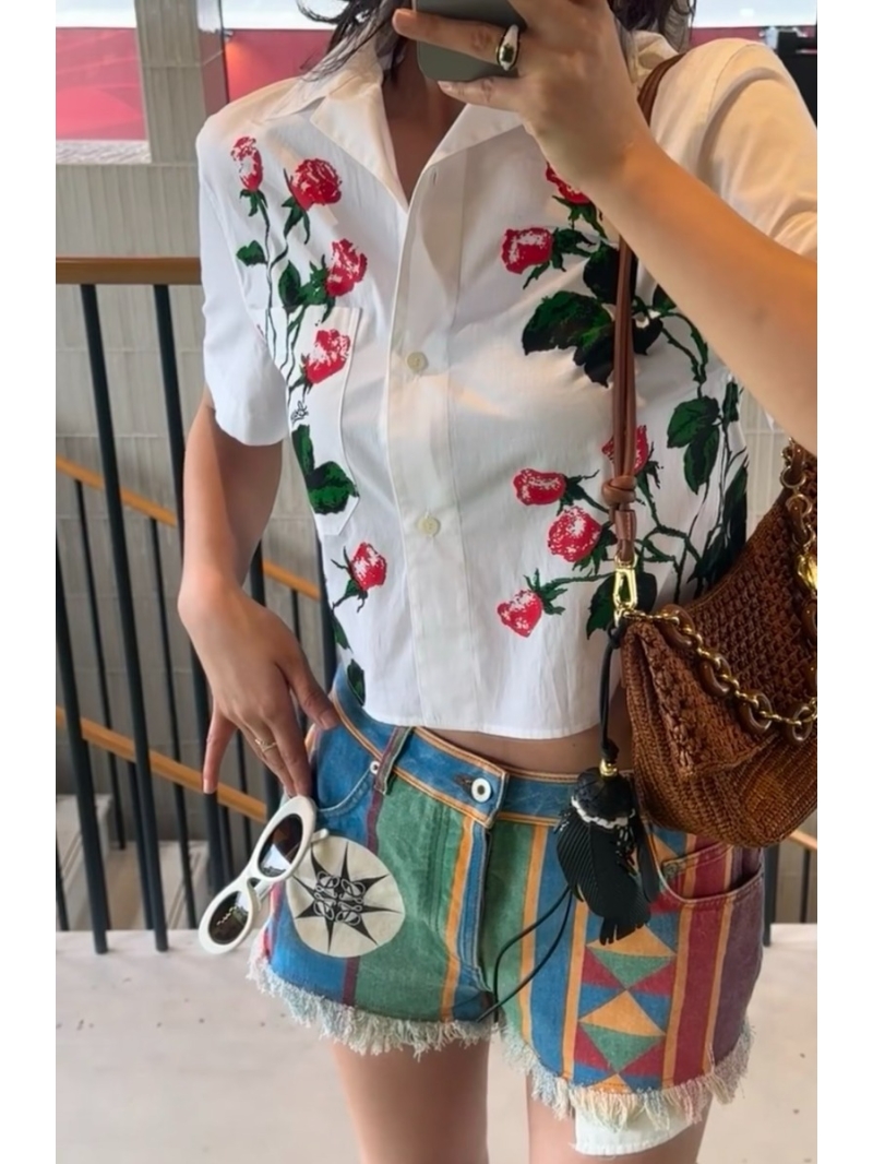 Loewe Paula’s Ibiza Boho Badge Print Distressed Denim Shorts