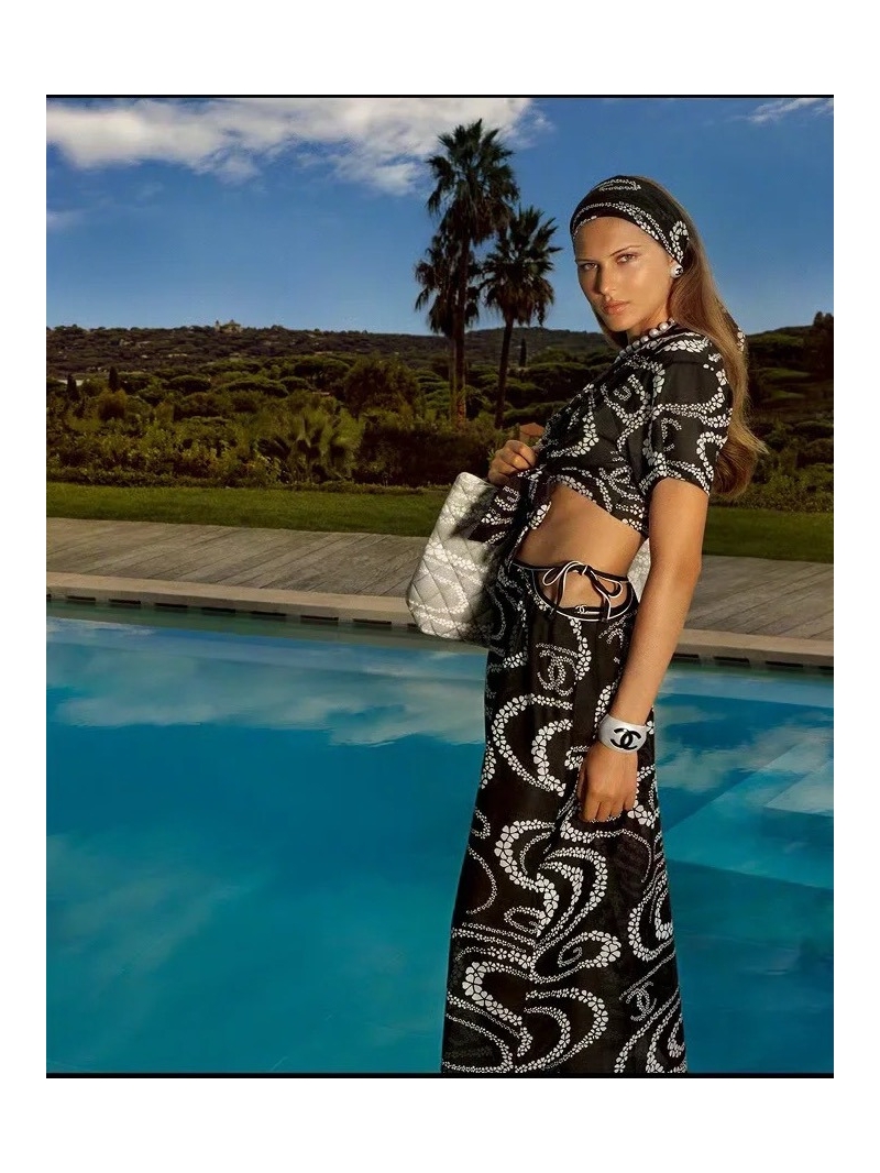 Chanel Coco Beach Serpent Petal Wave Print Long Skirt - Elegant Black