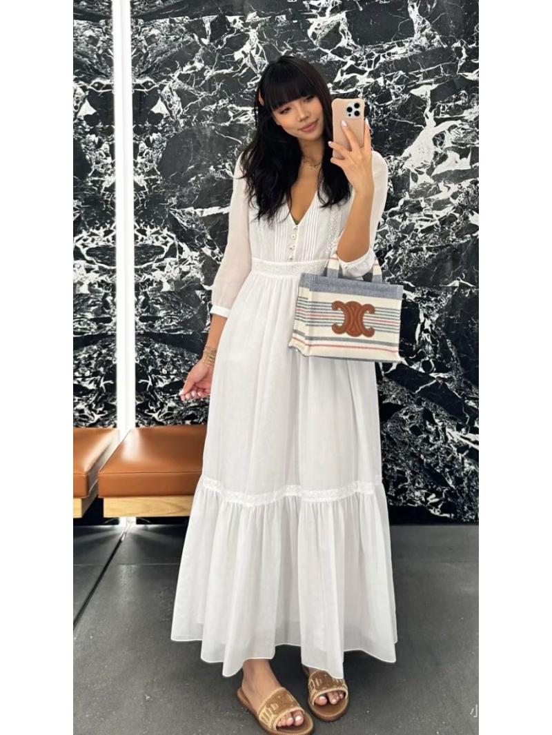 Celine Spring-Summer Luxe Embroidered White V-Neck Maxi Dress
