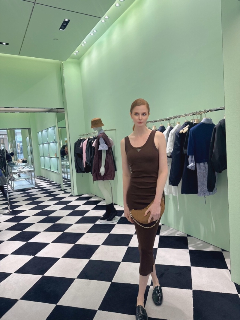 Prada Spring/Summer Luxe Cotton Triangle Logo Tank Dress in Caramel