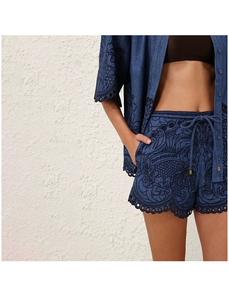 Zimmermann Artisan Embroidered High-Waisted Denim Shorts with Scalloped Hem