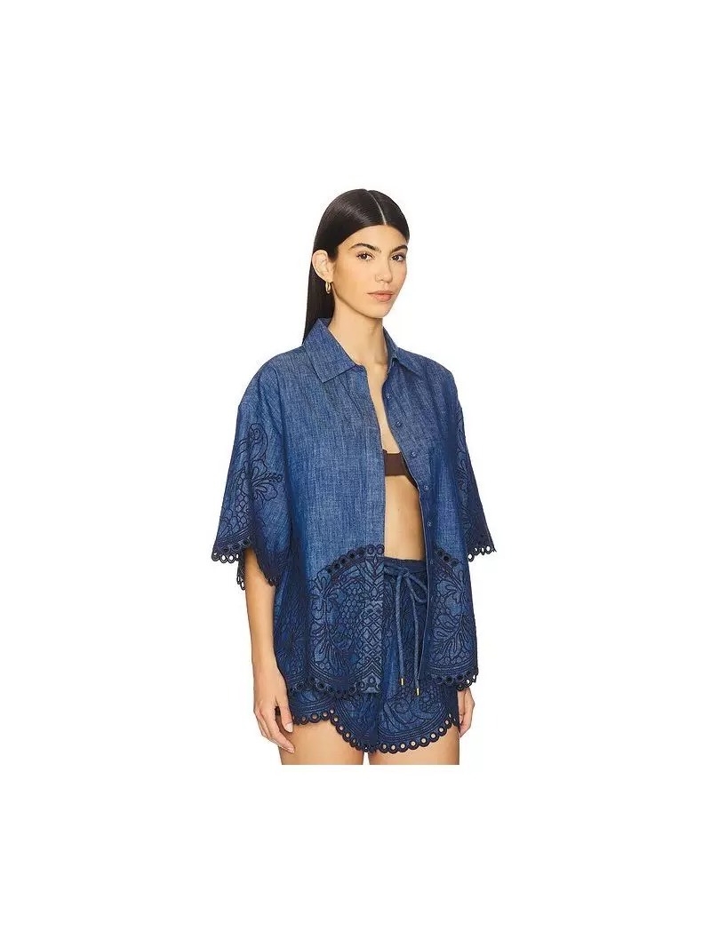 Zimmermann Artisan Floral Embroidered Scalloped Denim Boho Blouse