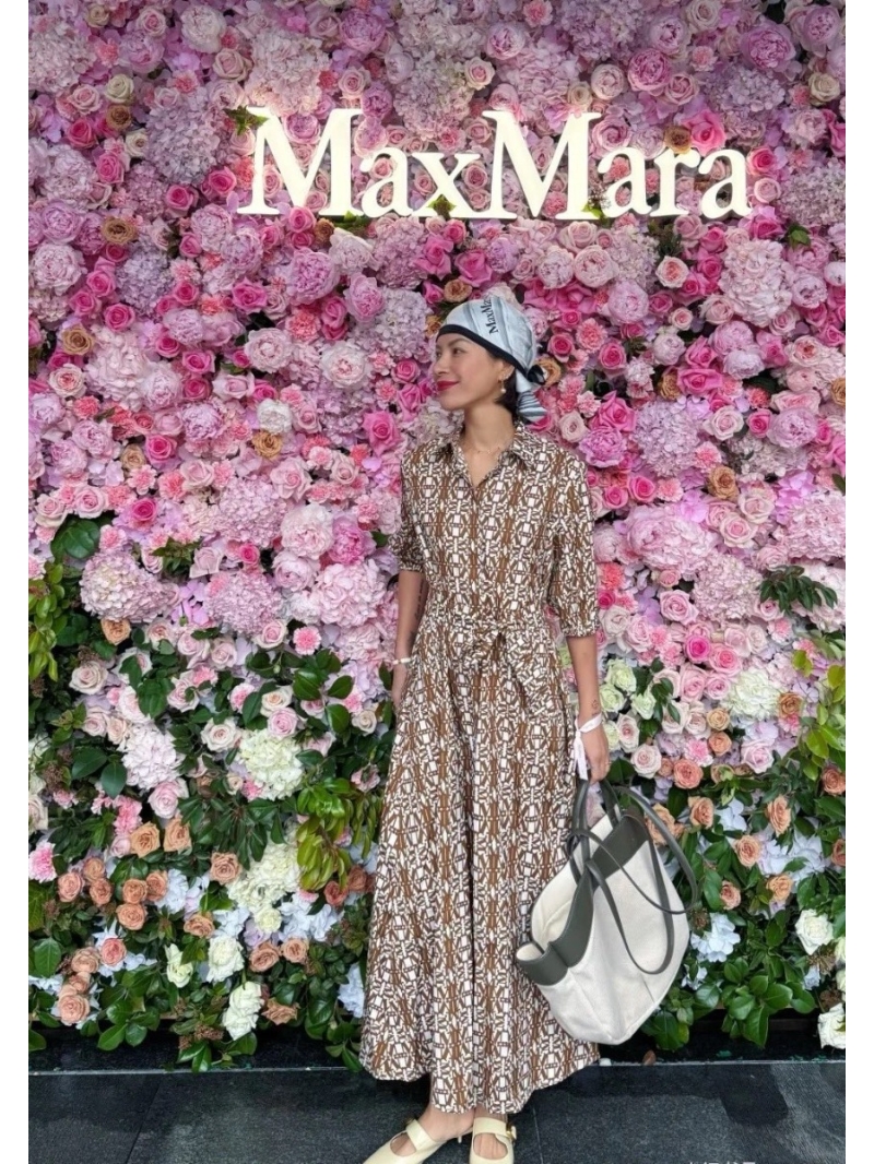 Max Mara Spring Summer Mocha Logo Print Dress - Elegant Cotton Bell Skirt