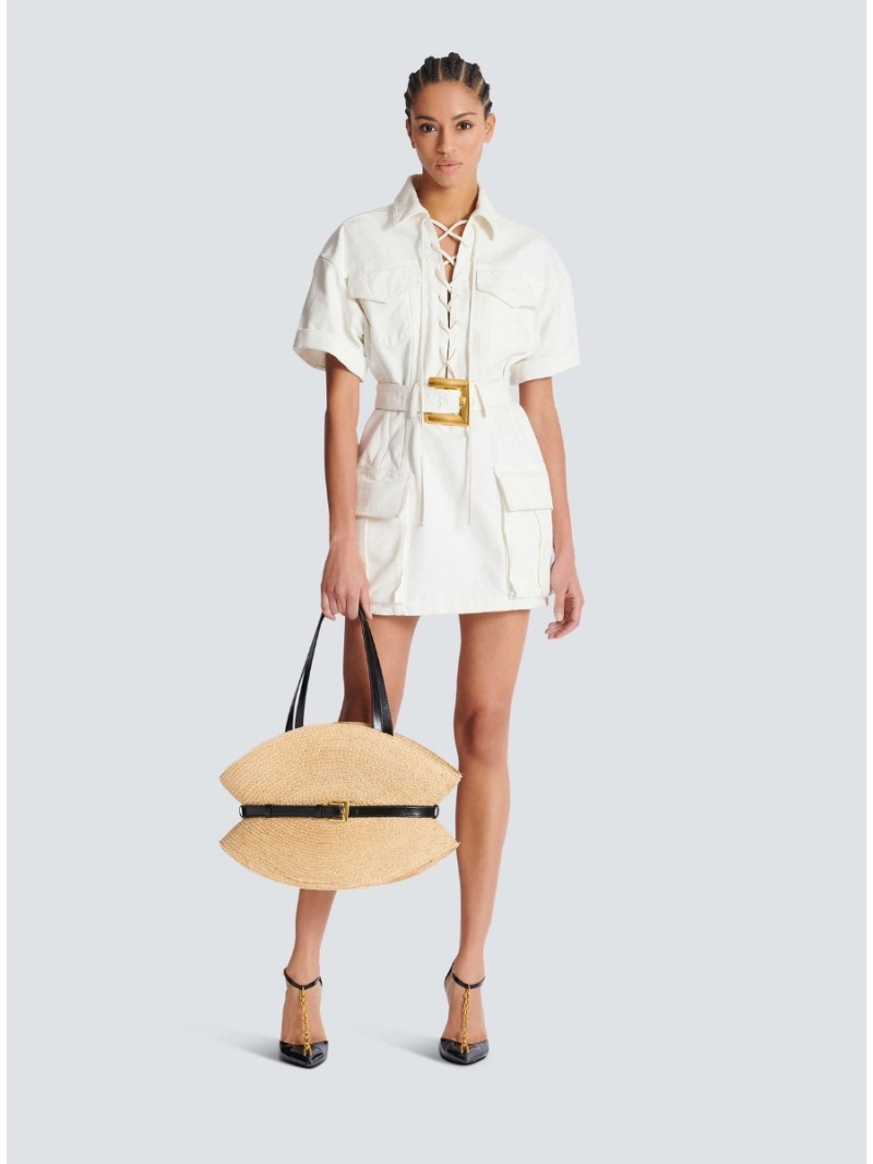 Balmain Exclusive White Denim Cross-Strap Dress with Distressed Design