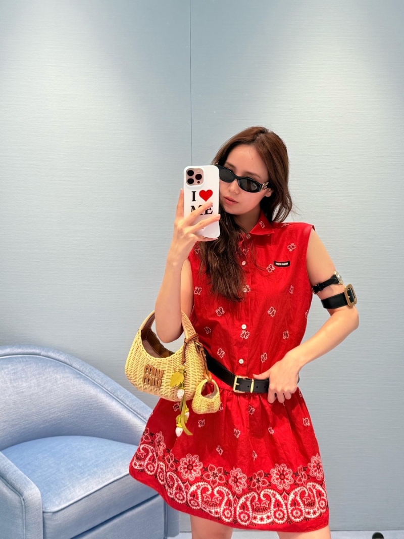Miu Miu 25SS Spring Summer Cashew Flower Twill Mini Dress - Exclusive Red