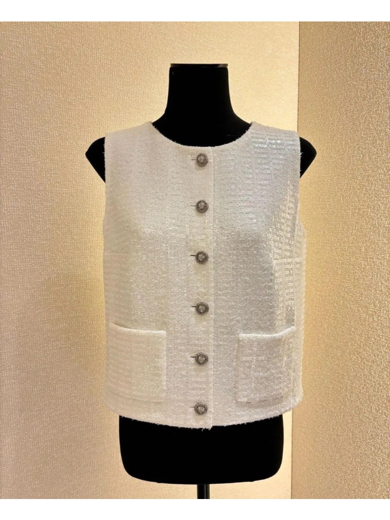 Chanel Limited Edition White Moonlight Vest Jacket - 100% Silk Lining, Luxe Tweed