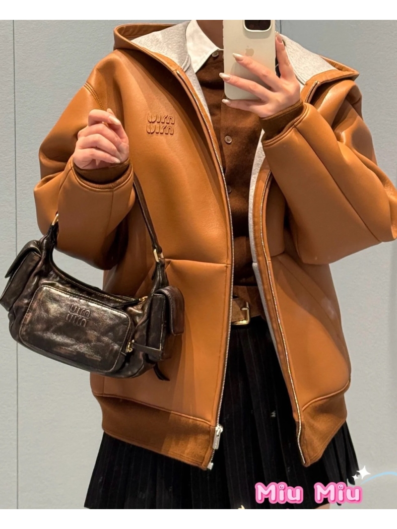 Miu Miu Unisex Oversized Hooded Leather Jacket in Caramel Brown - Luxe Retro Style