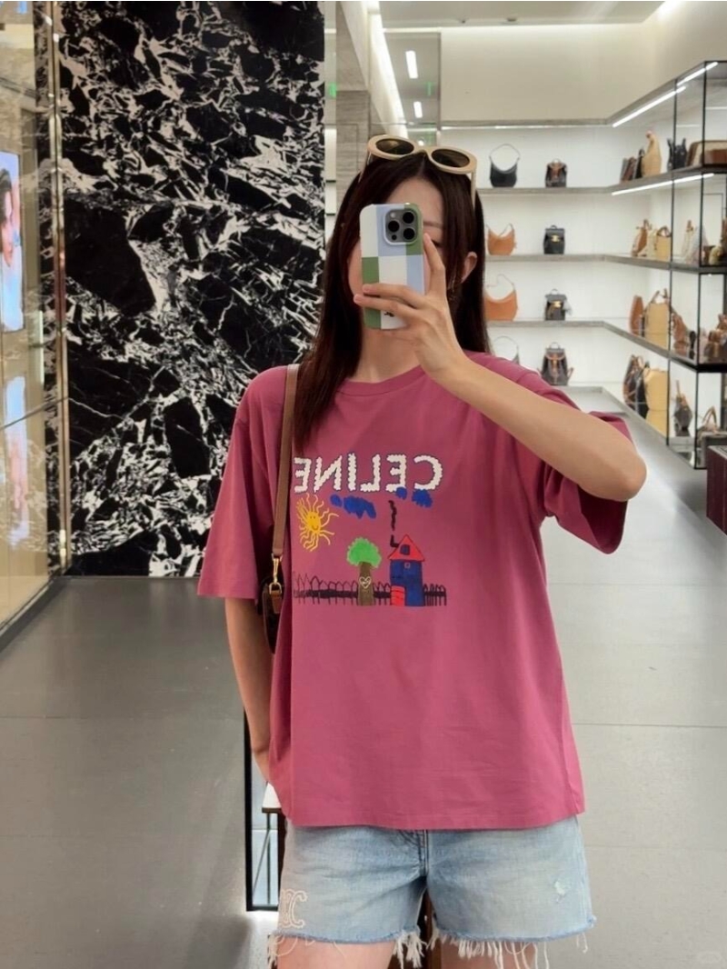 Celine 25SS Spring Summer Cranberry Pink Graffiti Print T-Shirt - Exclusive Youthful Design