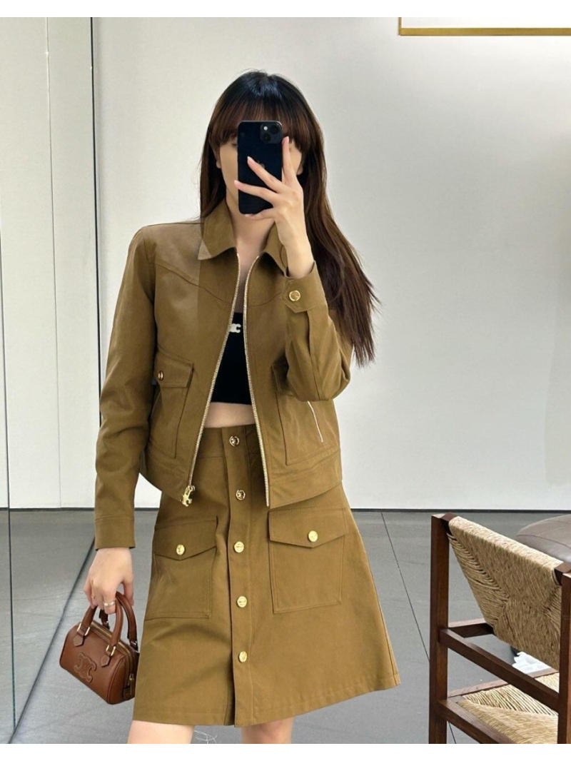 Celine 25FW Early Autumn Triumph Arch Workwear Jacket & Skirt Set - Khaki Cool Luxe Style