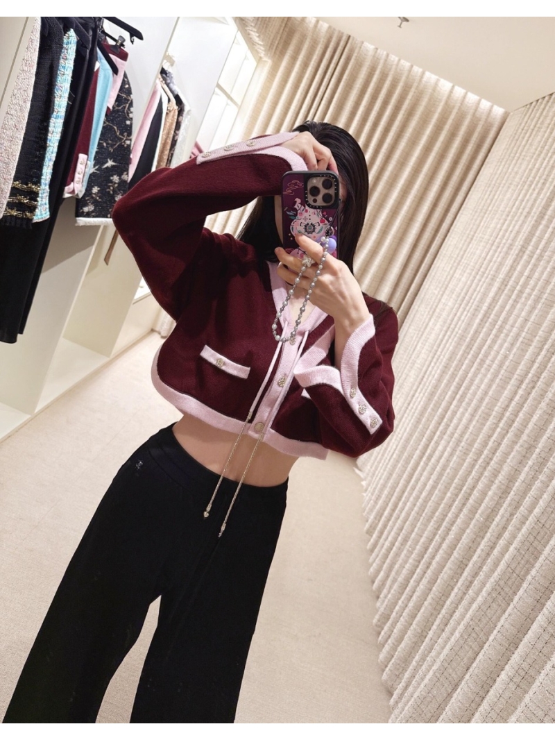 Chanel Luxe Wine Red Crocheted Cardigan - Contrast Trim & Rhinestone Details