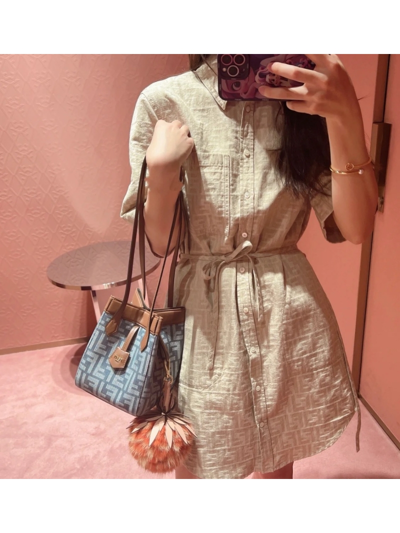 Fendi Classic FF Logo Print Blue Shirt Dress in Beige Apricot