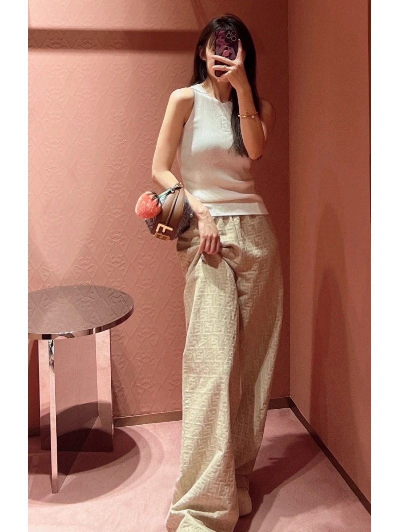 Fendi Classic FF Monogram Beige Wide-Leg Pants - Luxe Cotton-Linen