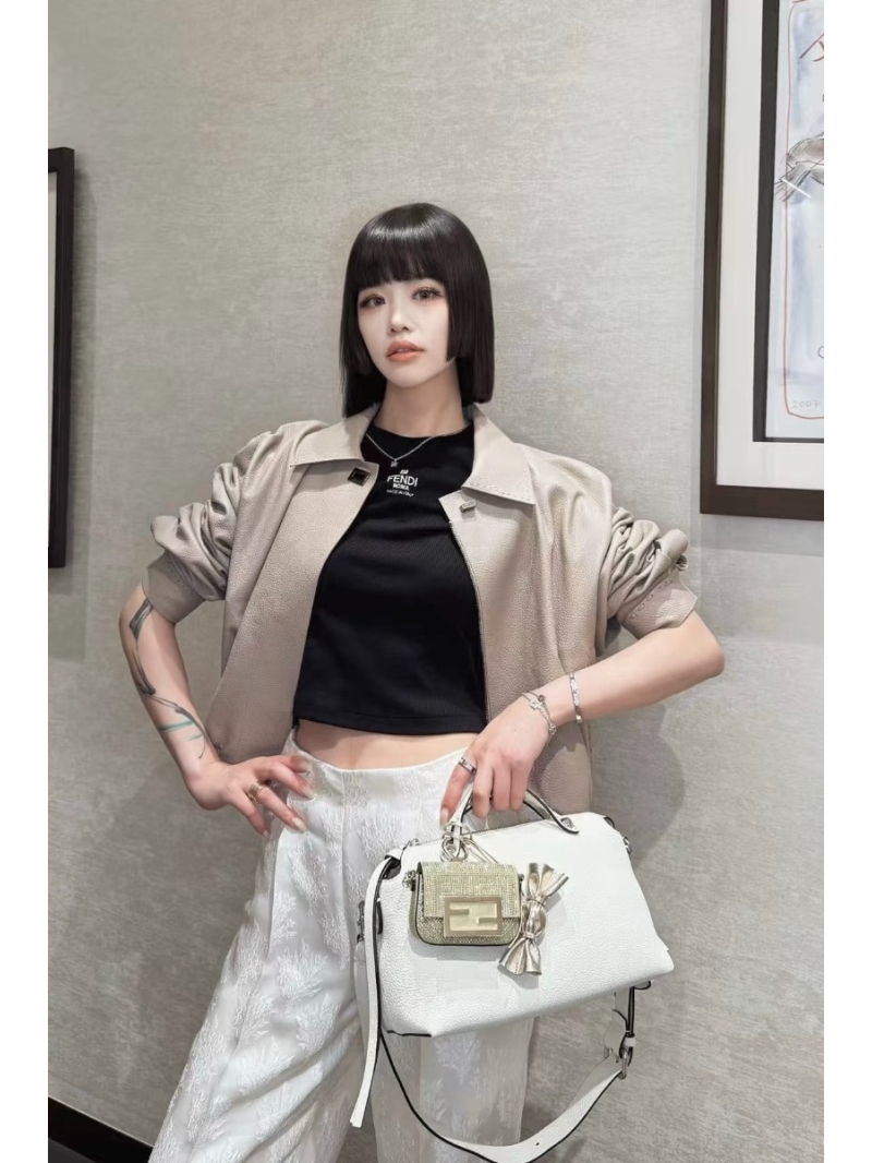 Fendi Luxe Lychee Grain Lambskin Jacket in Beige Apricot