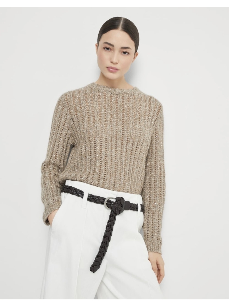 Brunello Cucinelli Exclusive Round Neck Cashmere Sweater with Lace Detailing