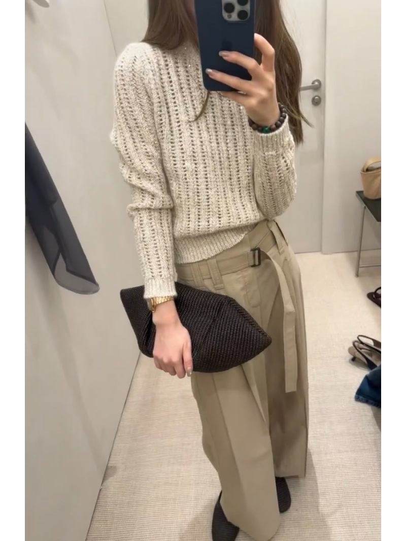 Brunello Cucinelli Exclusive Round Neck Cashmere Sweater with Lace Detailing