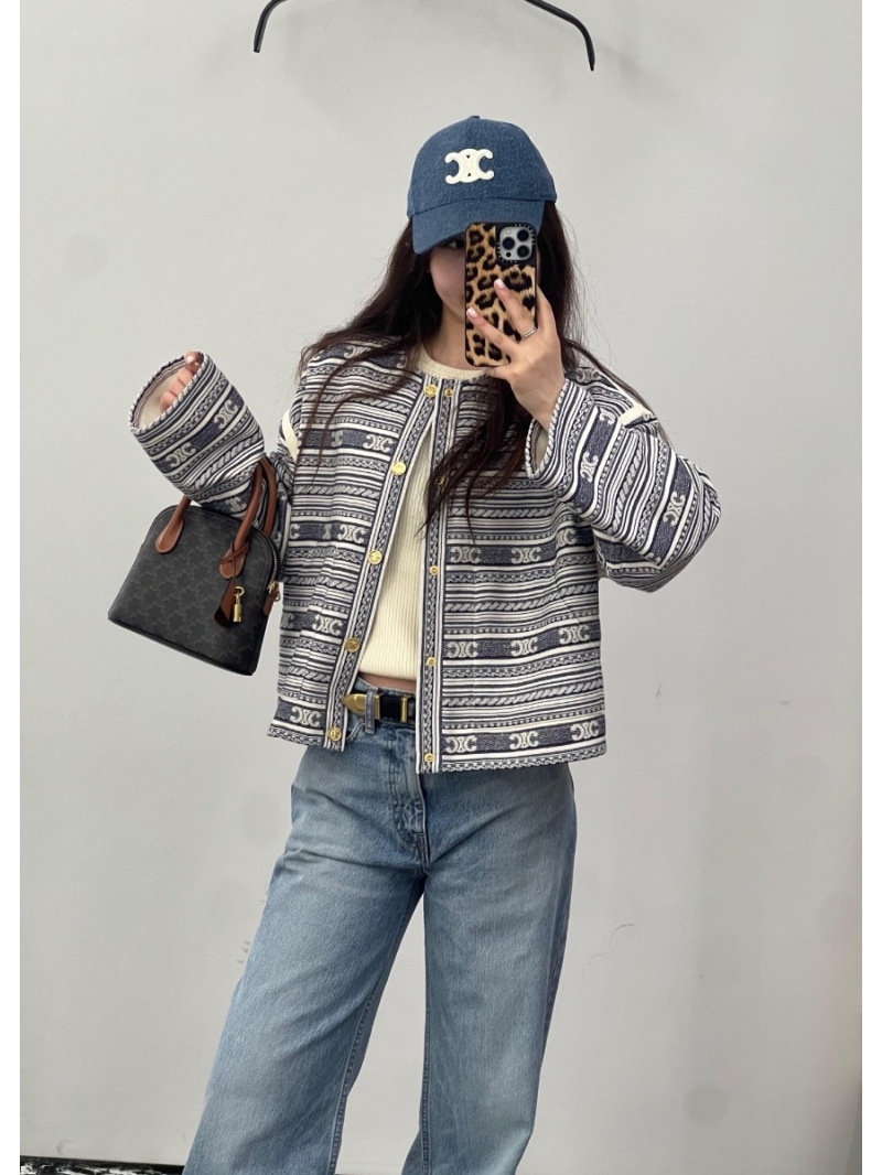 Celine Early Autumn Striped Logo Jacquard Single-Breasted Round Neck Jacket - Exclusive Luxe Edition