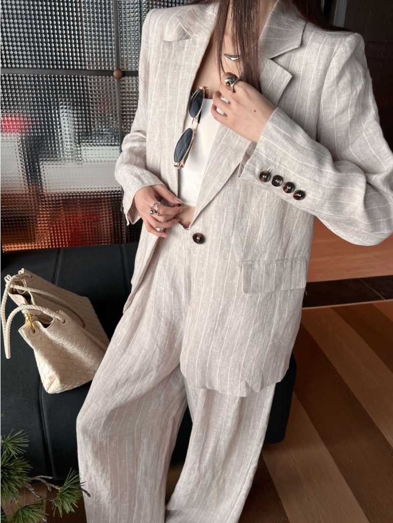 Loro Piana Luxe Oatmeal Striped Linen Blazer Jacket