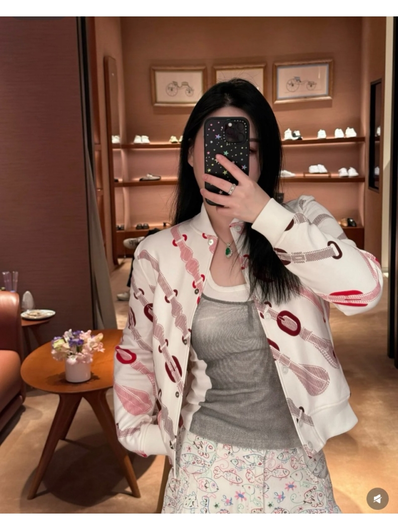 Hermes Coaching Remix Series Jersey Cotton Jacket in Red & White - Luxe Baseball Jacket with Custom Ribbing