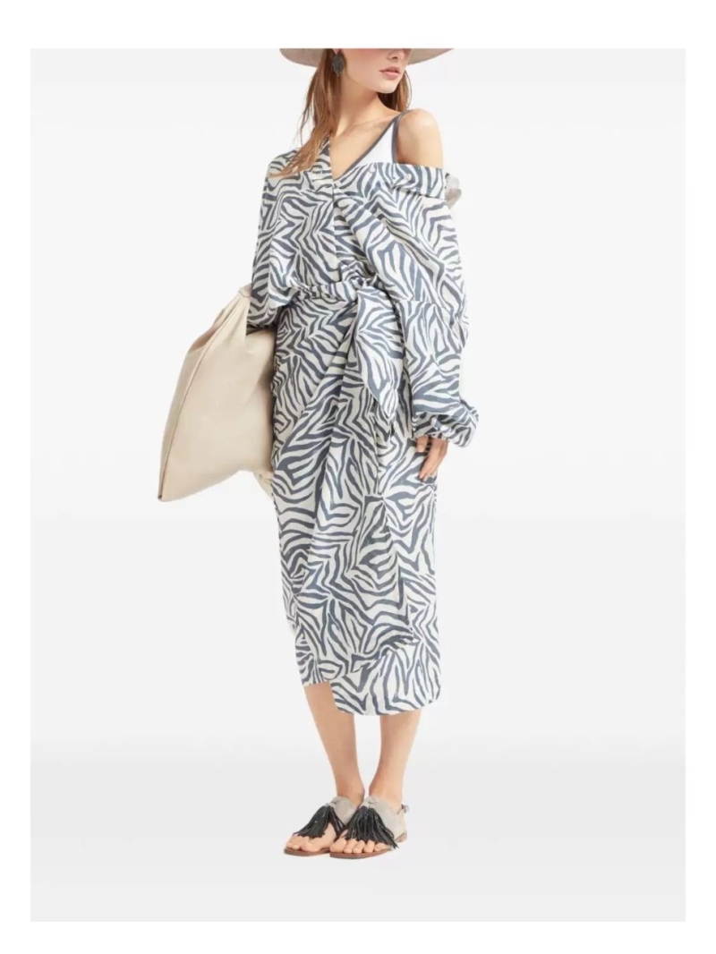 Brunello Cucinelli Luxe Resort-Style Zebra Print Shirt Dress with Contrast Collar