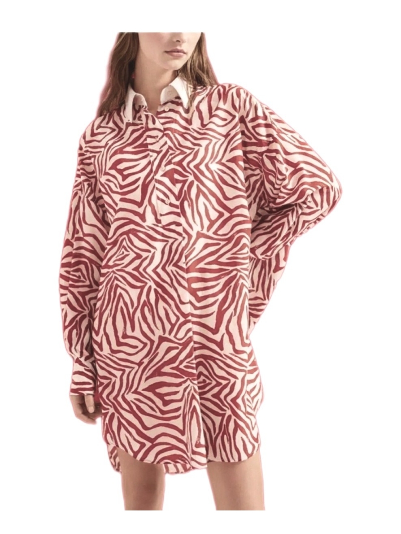 Brunello Cucinelli Luxe Zebra Print Poplin Cotton Shirt Dress in Burgundy