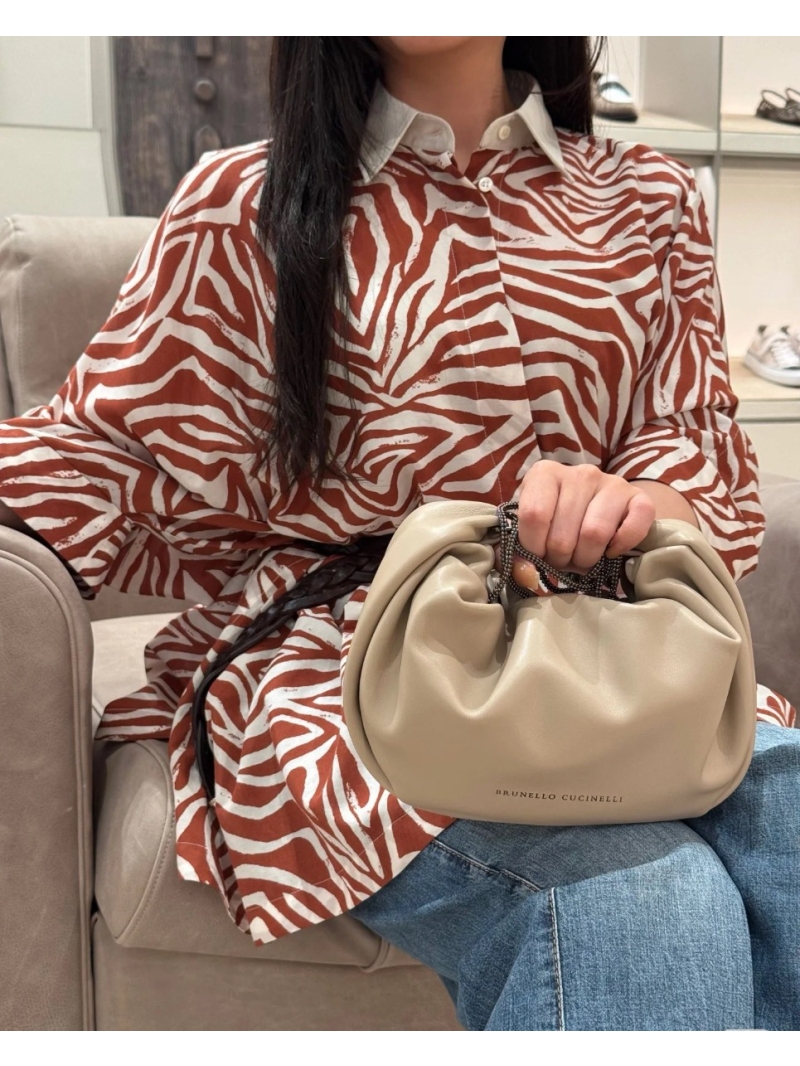 Brunello Cucinelli Exclusive Luxe Resort-Style Shirt Dress with Zebra Print & Copper Chain Detail in Dark Red