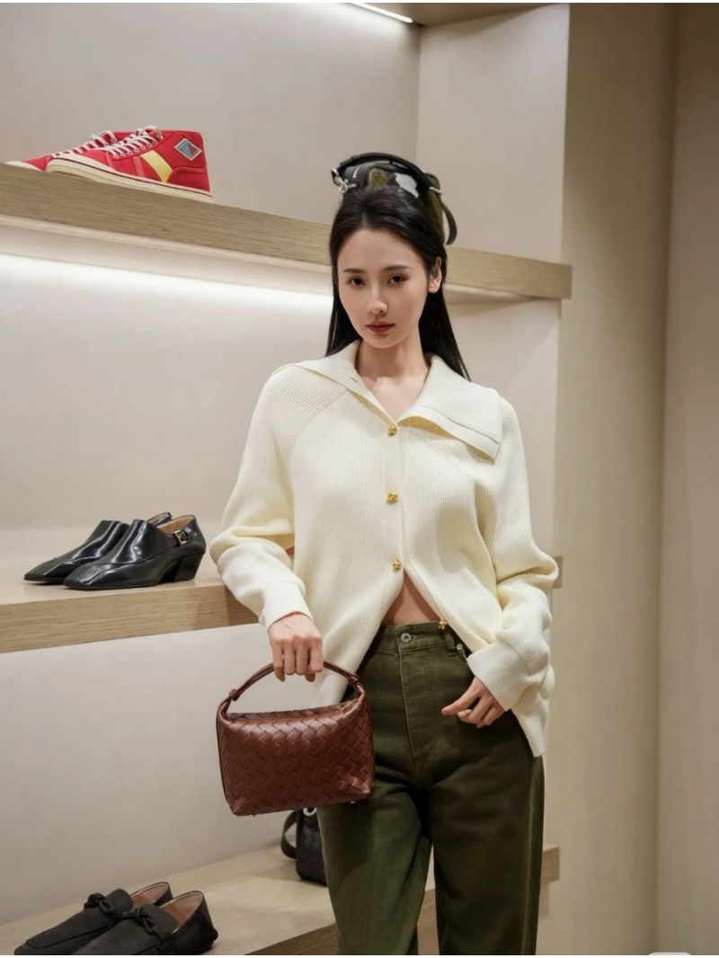 Bottega Veneta Exclusive Early Autumn Collection: Vintage Bronze Knot-Button V-Neck Cashmere Cardigan in Cream