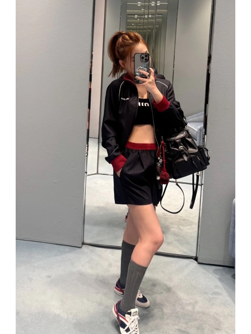 Miu Miu Exclusive Luxe Short Jacket in Navy Blue Stripes with Contrast Ribbon Collar