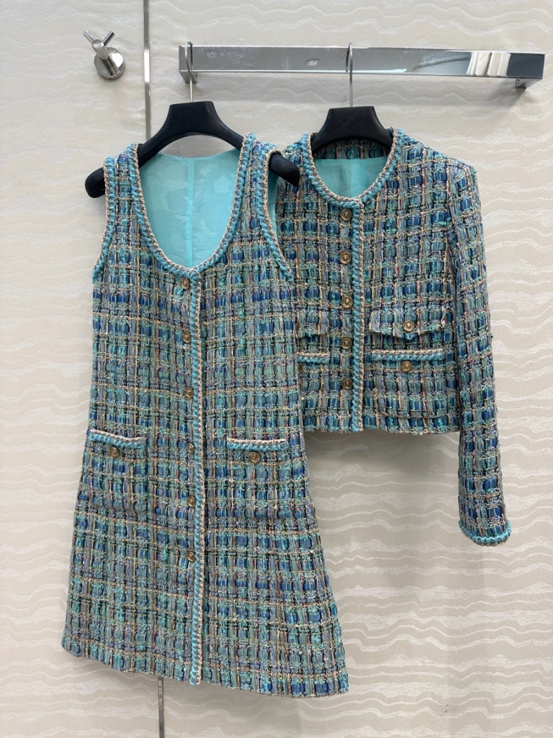 Chanel Coco 25A Luxe Peacock Green Tweed Vest Dress with Lion Head Coin Buttons