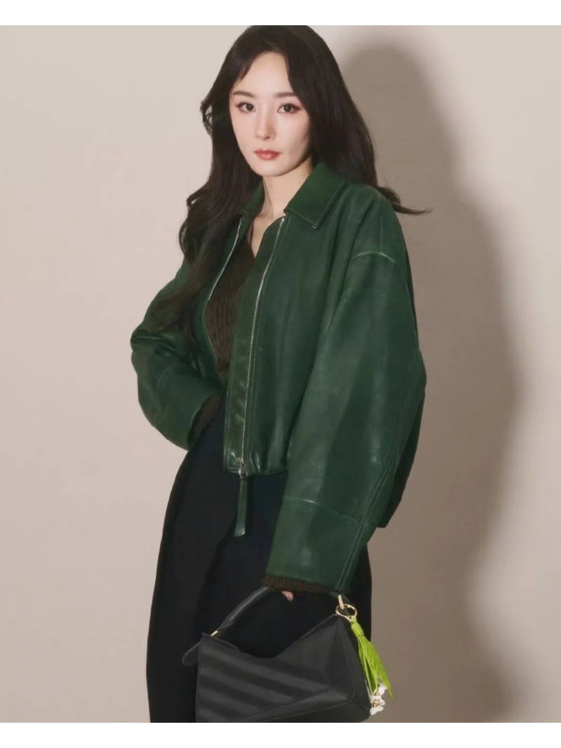 Loewe Exclusive Retro Green Modern Chic Leather Jacket - Yang Mi Same Style