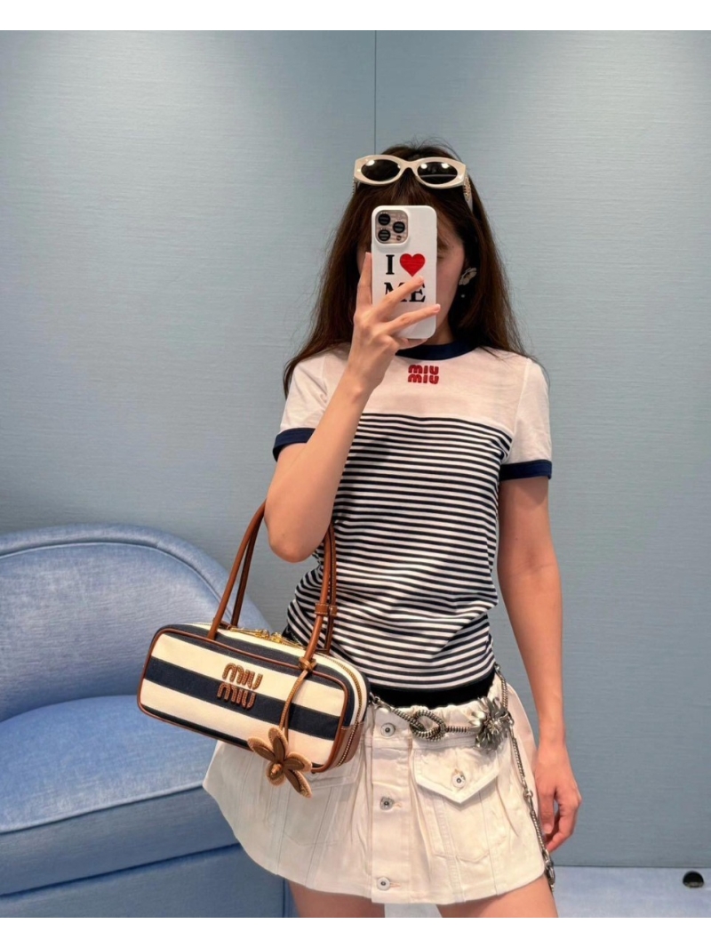 Miu Miu Exclusive Striped Short-Sleeve T-Shirt in Blue & White | Luxe Cotton Poplin | Relaxed Fit
